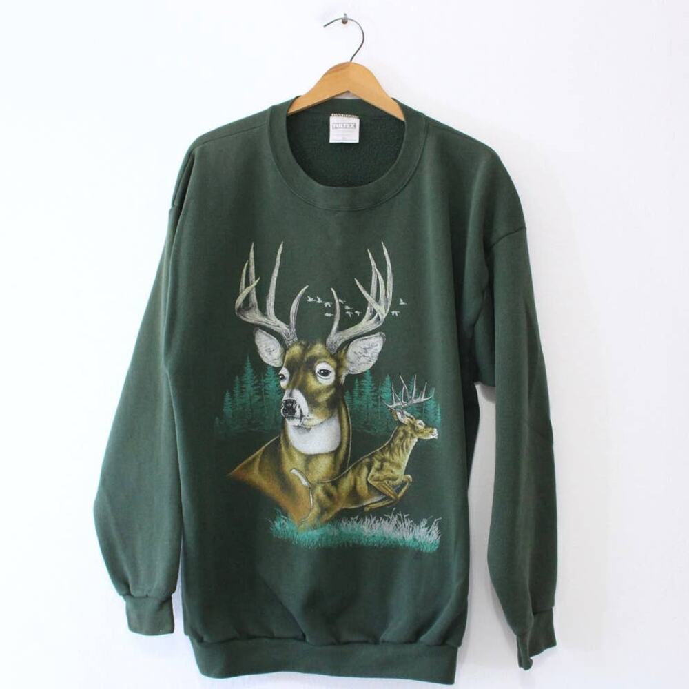 Vintage 90s Deer Stag Wilderness Green Sweatshirt Mens XXL 2X Wildlife